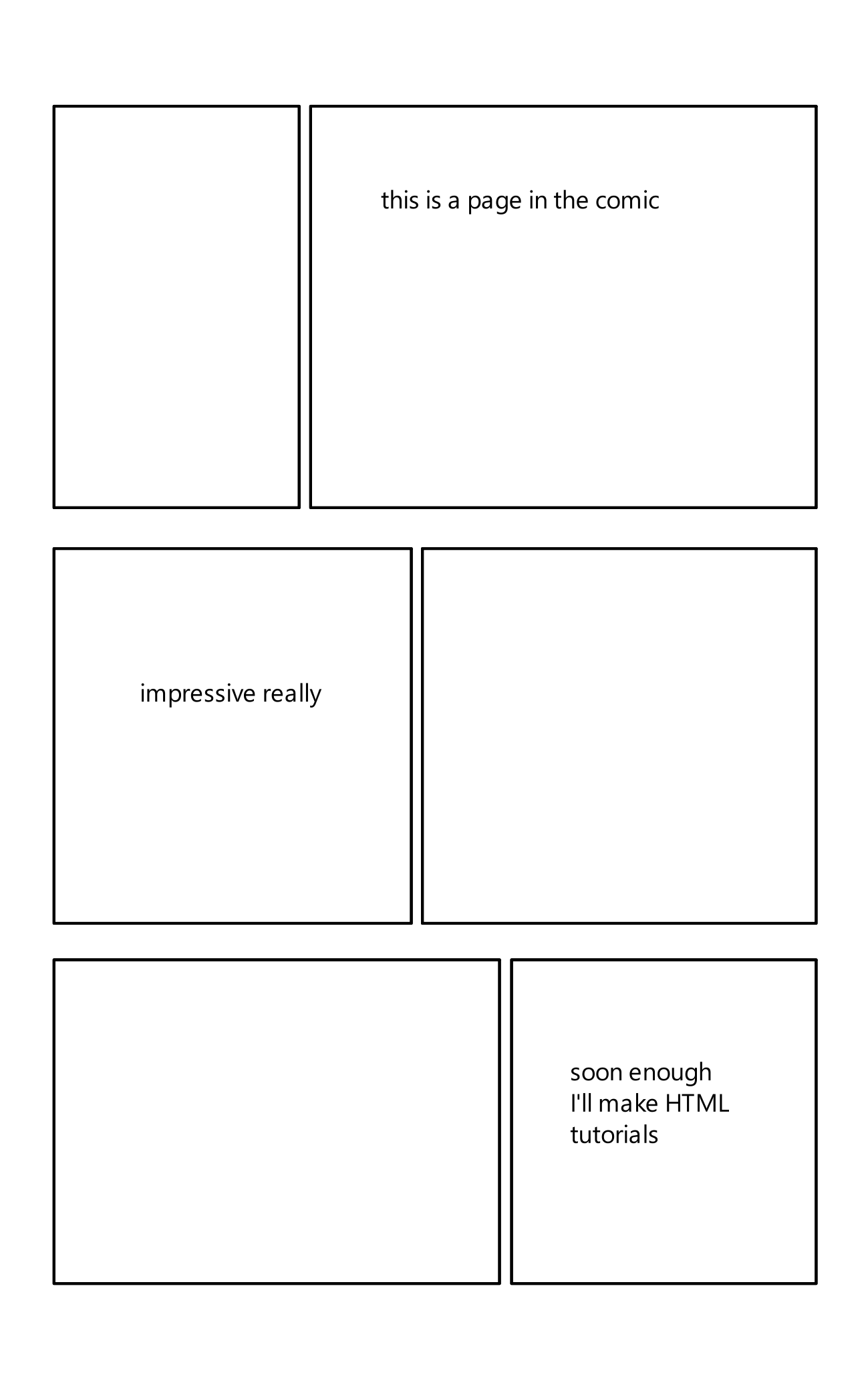 a comic page with six panels. all of them are white and three of them have text in black. the text reads: this is a page in the comic, impressive really, soon enough I'll make html tutorials