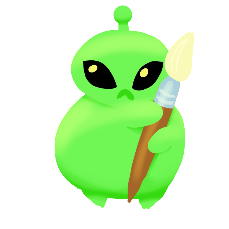 a small green alien holding a paintbrush