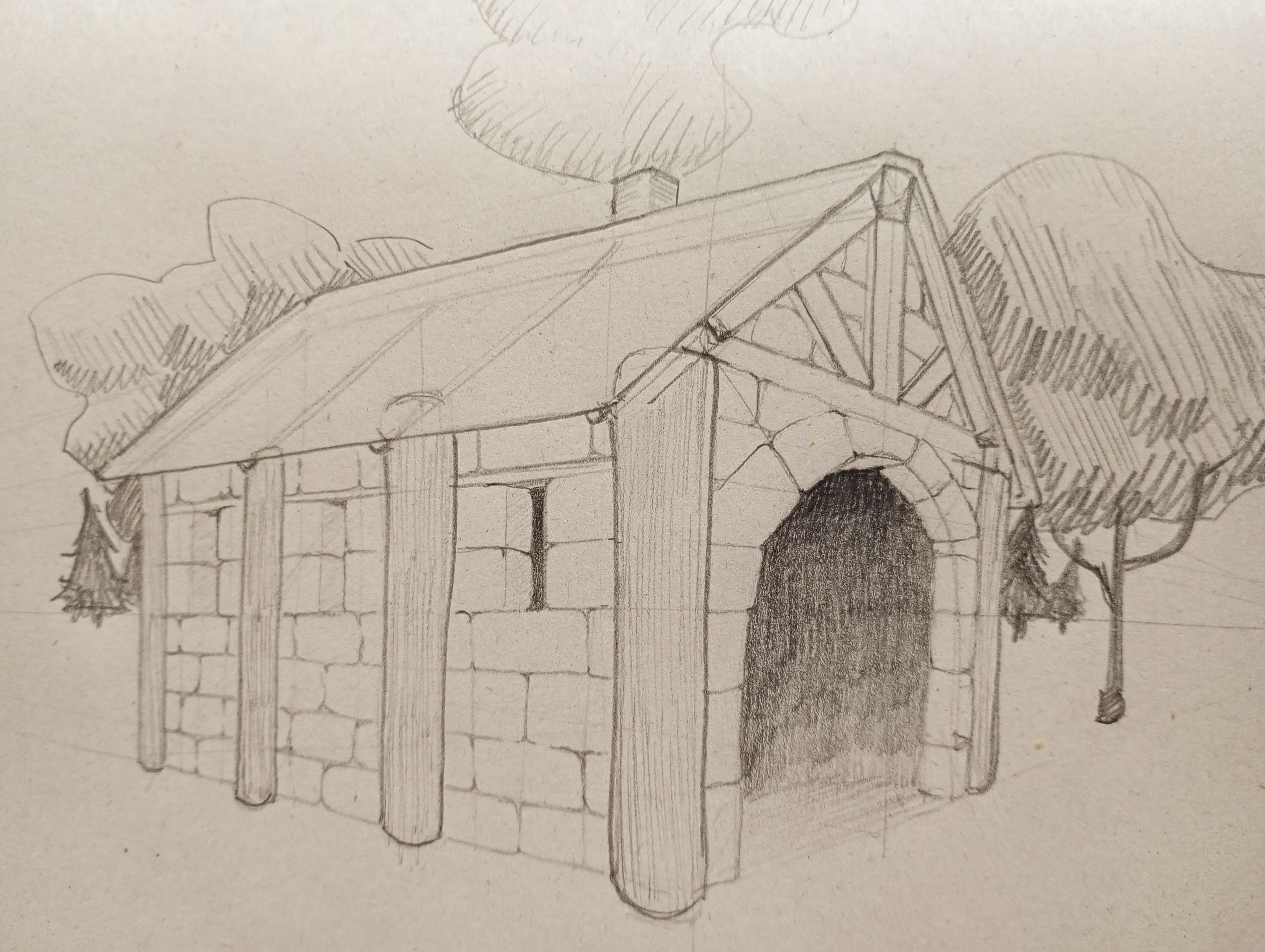 a pencil sketch of a cabin