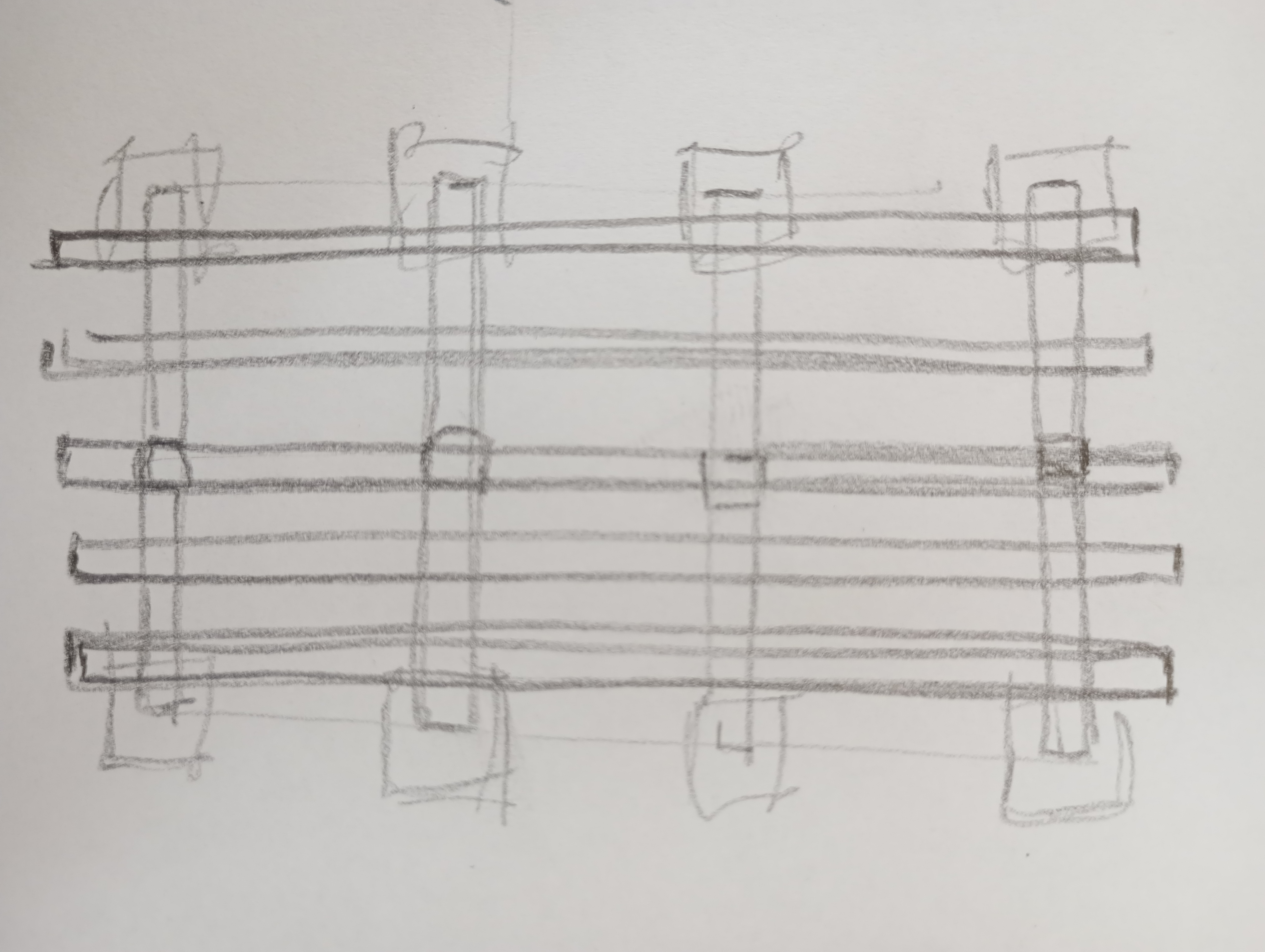 a pencil sketch showing the wooden structure seen from above