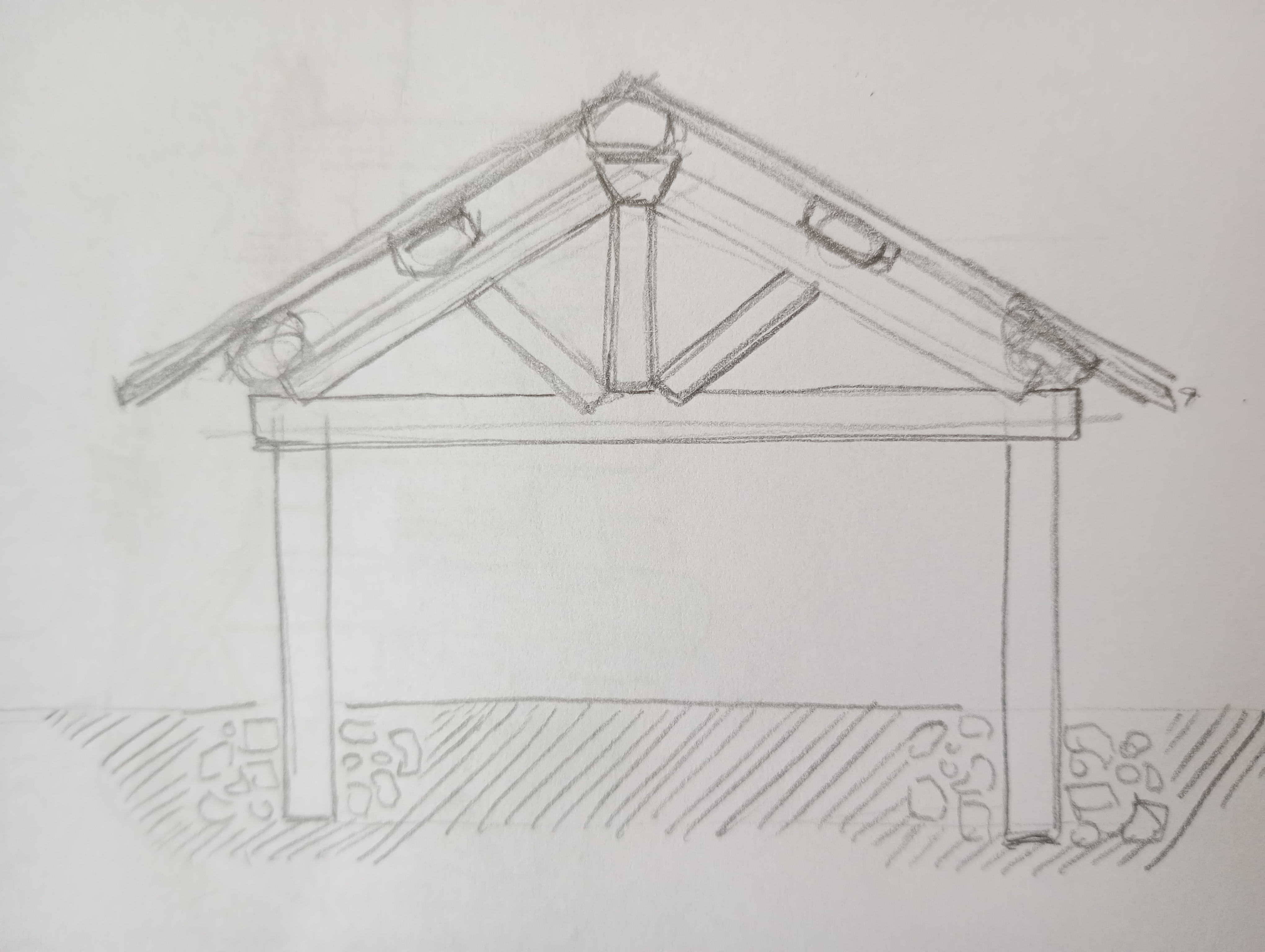 a pencil sketch showing the wooden strusture seen from the front